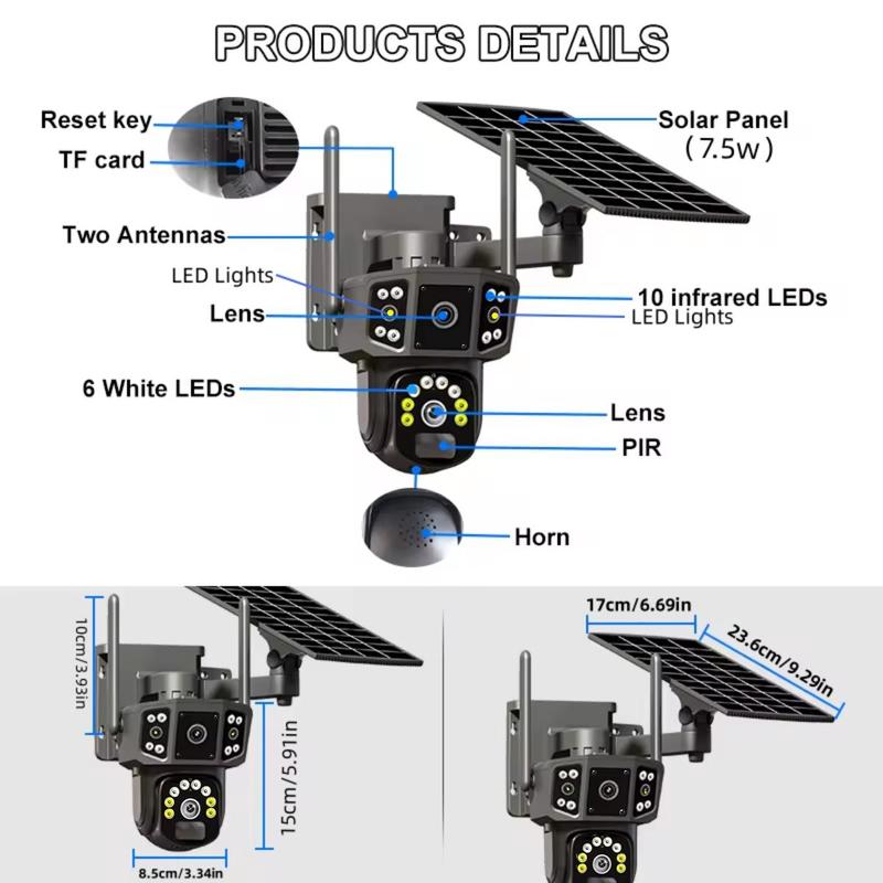 Solar Powered Security Camera, 2K Wireless Outdoor Security Camera, 360° View Pan Tilt Low Power Consumption Security Camera, Dual Lens Camera for Factory & Parking Lot