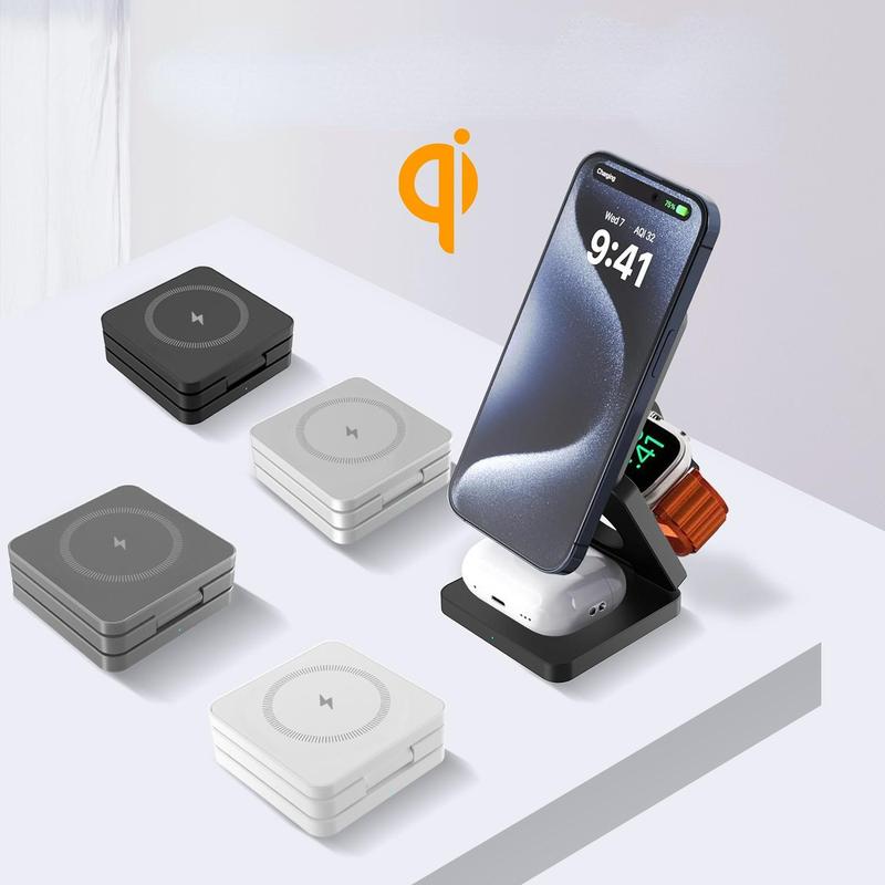 3 in 1 Foldable Magnetic Wireless Foldable Charger, Multipurpose Magnetic Wireless Charging Station, Multifunctional Portable Charger for iPhone iWatch, Stocking Fillers Gift