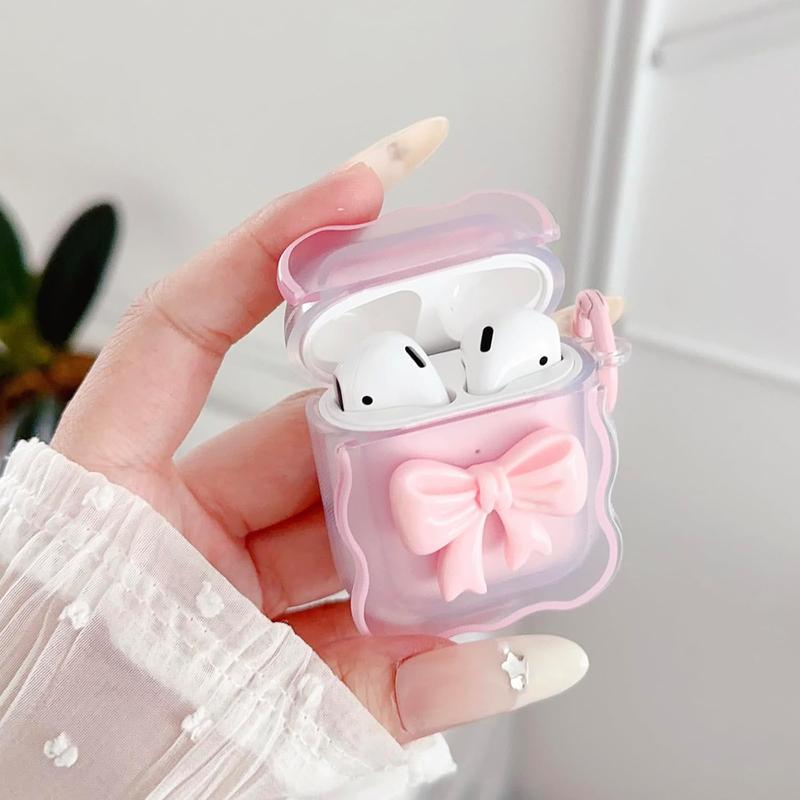 Cute AirPods 2 1 Generation Clear Case, Girly 3D Bow Design Soft TPU Protective Shockproof Kawaii Apple iPod 2nd 1st Generation Cover with Cleaner Kit & Keychain Girls Women - Pink Bow