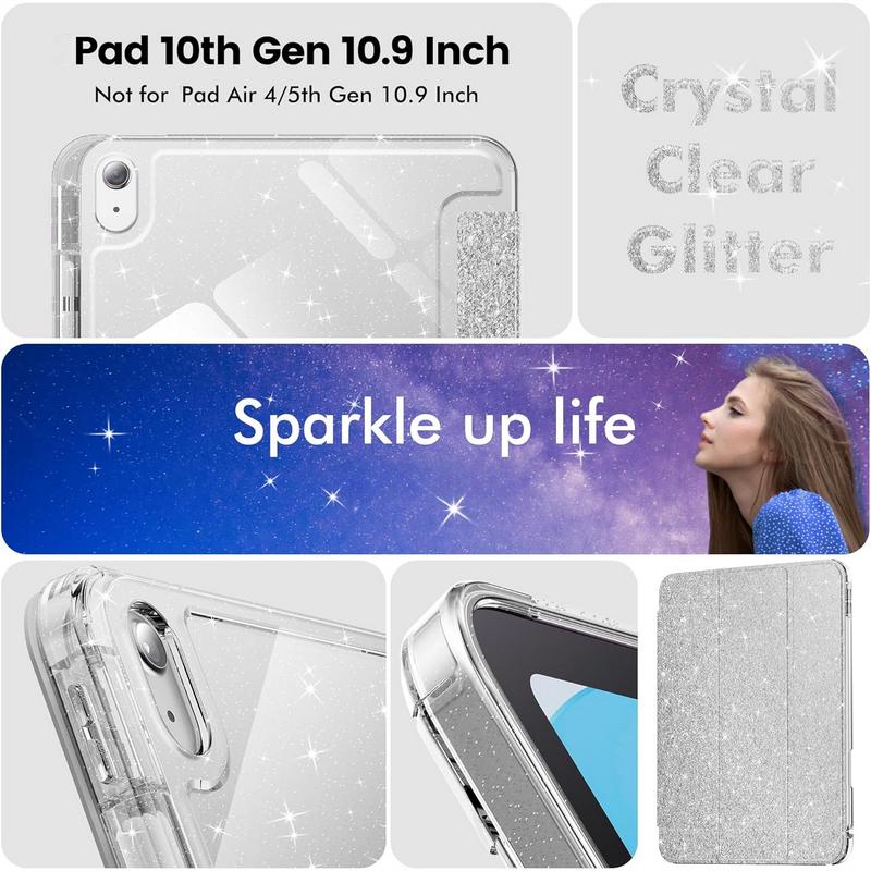 Compatible with Pad 10th Generation Case, Pad Case 10th Generation 10.9 Inch, Glitter Leather Cover with Sparkly Crystal Clear Back, Pencil Holder, Anti-yellowing,