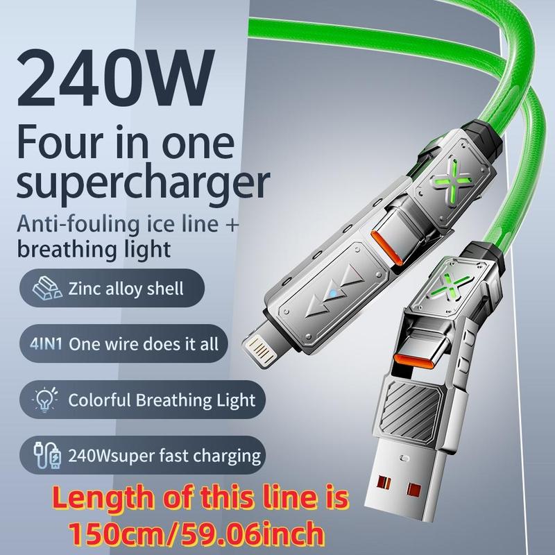 4 in 1 High-Speed 240W Luminous Fast Charging USB-C Cable, 1 Count Anti-tangle Design USB-C Cable, Ideal Gift for Smartphones