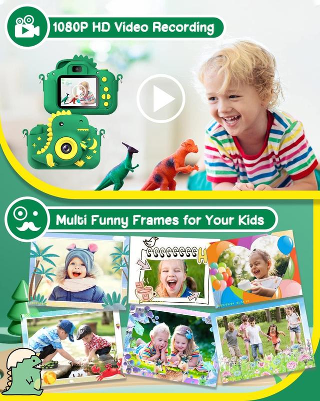 Kids Camera, Dinosaur Toddler Digital Camera for Ages 3-12 Boys Girls Childrens, Christmas Birthday Gifts, Selfie 1080P HD Video Camera for 3 4 5 6 7 8 9 Years Old Boys Girls Toys Gifts