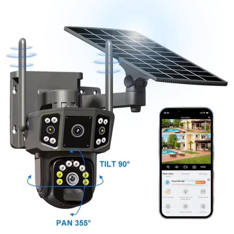 Solar Powered Security Camera, 2K Wireless Outdoor Security Camera, 360° View Pan Tilt Low Power Consumption Security Camera, Dual Lens Camera for Factory & Parking Lot