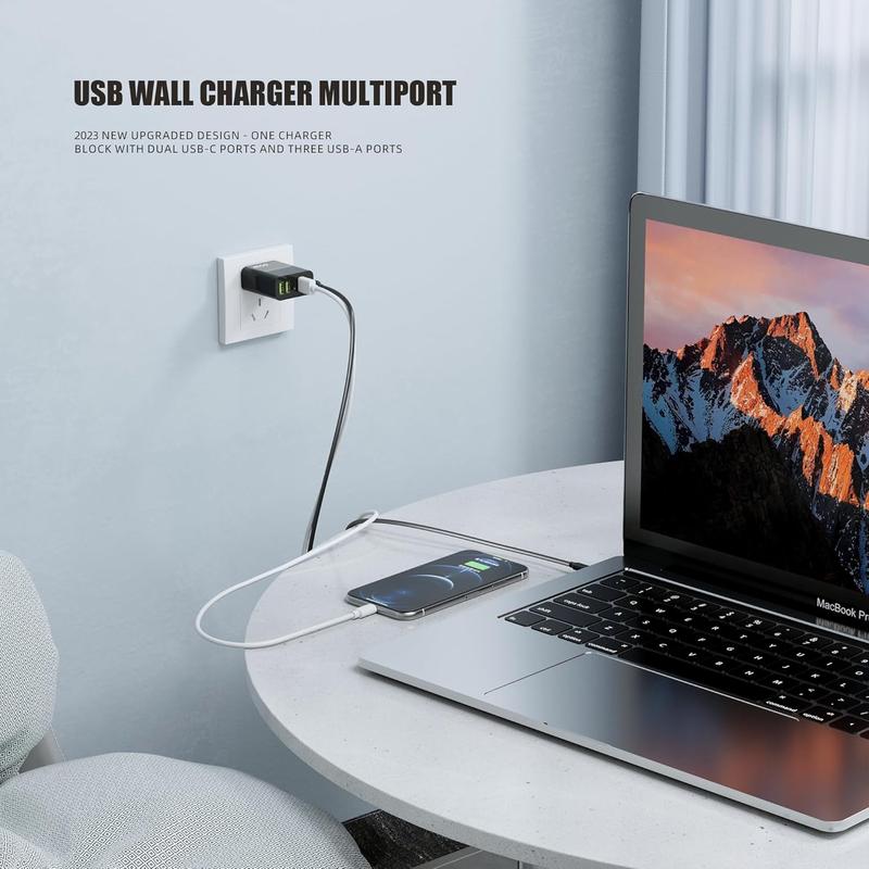 65W Universal 5 Ports USB C Wall Charger, 2PD & 3USB Fast Charging Portable Adapter , Multiport Travel Smartphone Charger for iPhone, iPad, Samsung, Cell Phone, Tablet, Samsung Phone Accessories