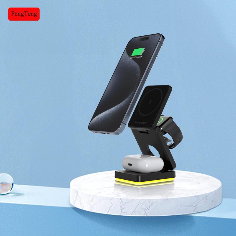 PENGTENG 3 in 1 Wireless Charger, Foldable Charger Stand, 15W Fast Wireless Charging Station for iPhone 16 15 14 13 12 Pro Pro Max Mini Plus Series, Apple Watch, AirPods Pro