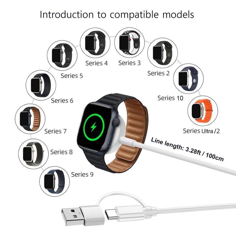 USB C Watch Charger with 3.28ft Watch Charging Cable, Portable Watch Charging Station Compatible with Apple Watch SE 10 9 8 7 6 5 4 3 2 1