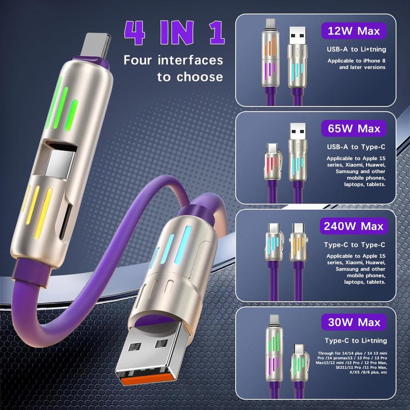 240W 4 in 1 USB-C FastCharging Cable, Lightning USB A TypeC,With Breathing Light, Compatiblewith iPhone,iPad,Samsung,LaptopsCharger