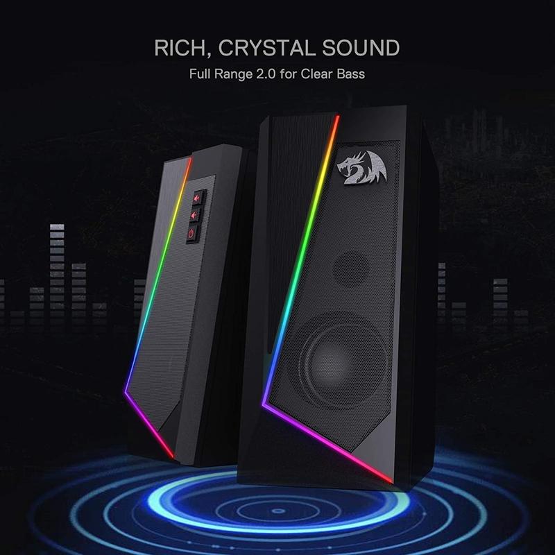 Redragon GS520 RGB Desktop Speakers, 2.0 Channel PC Computer Stereo Speaker With 6 Colorful LED Modes, Enhanced Sound And Easy-Access Volume Control, USB Powered W  3.5Mm Cable