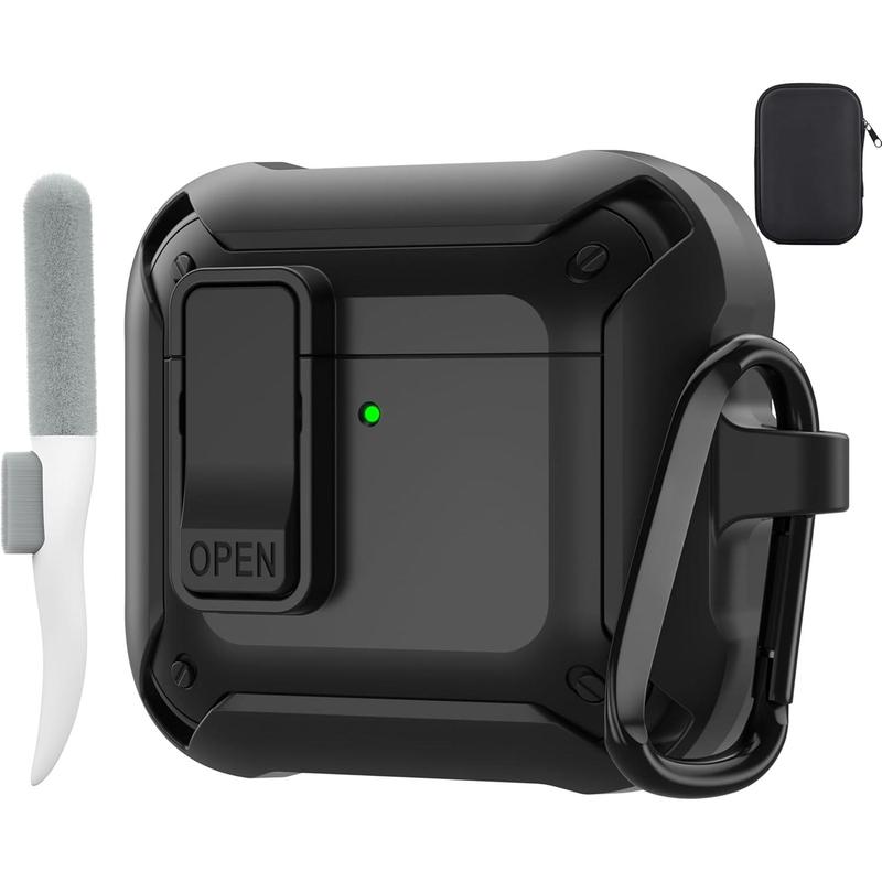 Compatible Airpods 4 Generation Case Cover with Cleaner Kit,  AirPod 4 Case with Lock & Lanyard Cool Shockproof Protective Case for Men Women - Black Protection