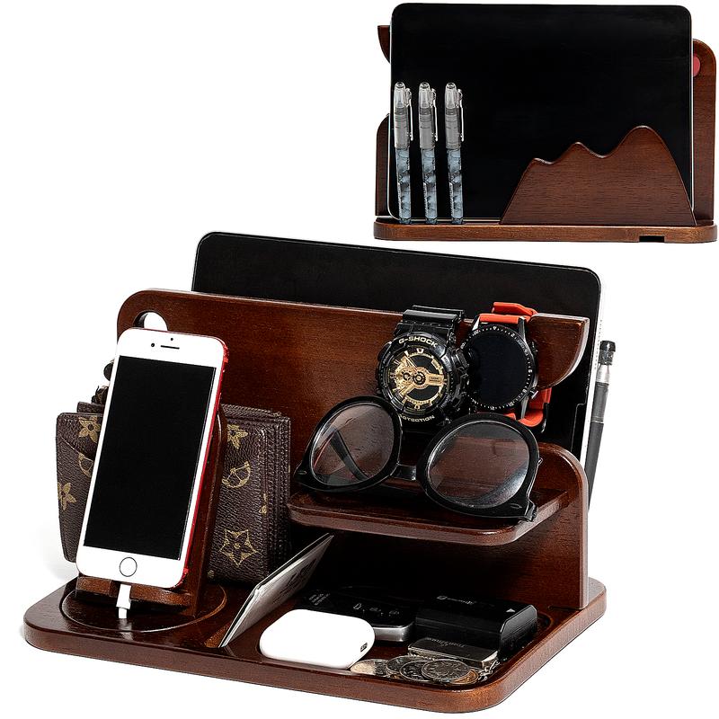 Lyridz Wood Phone Docking Station Adjustable Mobilestand Key Holder Wallet Stand Watch Organizer Cellphone Accessories Smartphone Mount for Phone