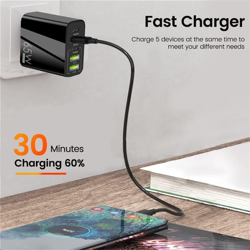 65W Universal 5 Ports USB C Wall Charger, 2PD & 3USB Fast Charging Portable Adapter , Multiport Travel Smartphone Charger for iPhone, iPad, Samsung, Cell Phone, Tablet, Samsung Phone Accessories