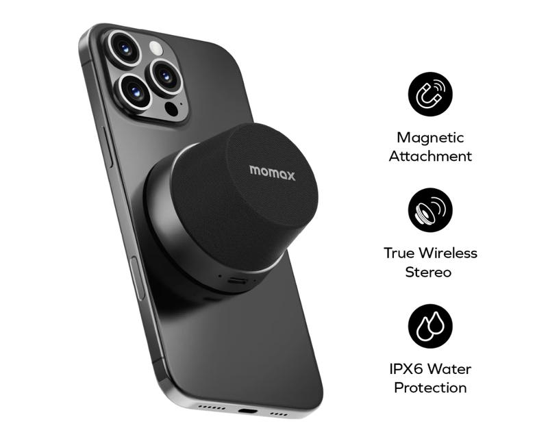 MOMAX Magnetic Portable Wireless Speaker, Mini Portable Wireless Speaker, 12-Hour Playtime, TWS Stereo Sync, Mobile Phone Holder 360° Surround Sound  Audio Smartphone