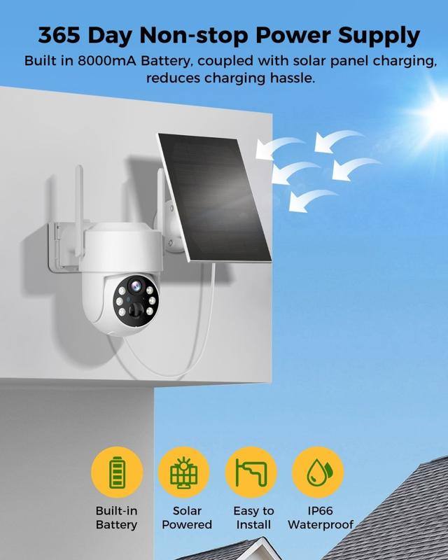 4MP Solar Security Cameras Wireless Outdoor, 100% Wire-Free, Battery Powered Camera, 360° View, Pan & Tilt, PIR Motion Detection, 2-Way Audio, Cloud SD, Color Night Vision & Spotlights, Only 2.4G WiFi