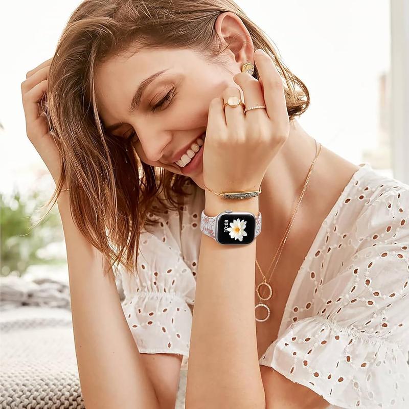 Floral Engraved Band Compatible with Apple Watch Band 40mm 38mm 41mm 42mm 44mm 45mm 46mm 49mm, Soft Silicone Cute Two-Tone Flower Sport Strap for iWatch Bands Women Series 10 9 8 7 6 5 4 3 2 1 SE Ultra Ultra 2 Wearable