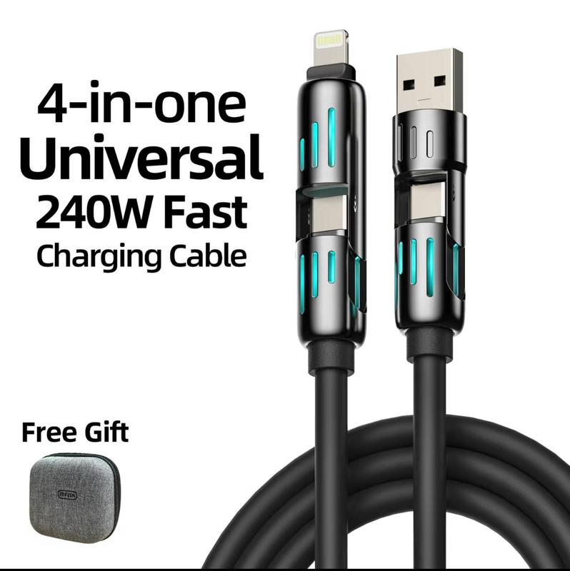 240W 4-in-1 USB-C Cable  PD 5A Fast Charging & Data Sync with USB A,TYPE C & Lightning Smartphone Alloy Aluminum Android Devices Durable Cellphone Multifunctional USB-C Electronic Silicone