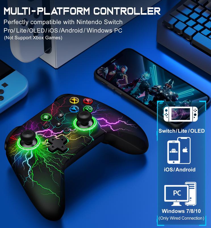 Wireless Switch Controller for Switch Controller Lite OLED(Not for Xbox),LED Wired Windows PC Gmaepad-Wireless iOS Android Remote with Cool RGB Light Programmable