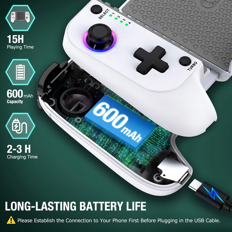 Mobile Gaming Controller for iPhone Android Controller, Wireless Phone Game Controller Support Phone Case With RGB Light ,Hall Joystick, Turbo, Mobile Gaming Gamepad, White