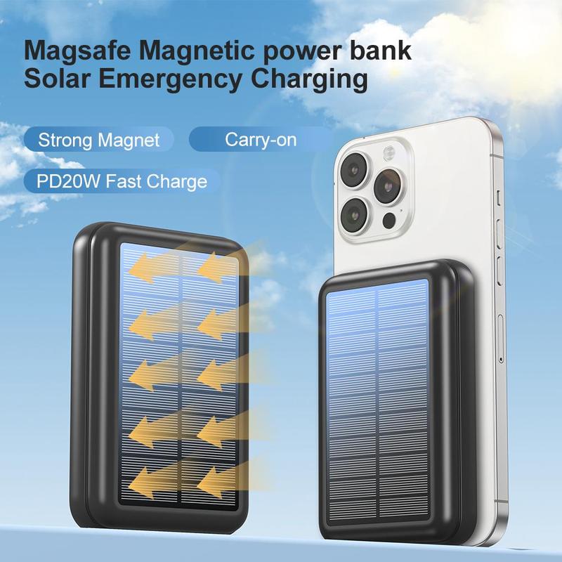 Solar Powered Power Bank, 10000mAh Magnetic Wireless Portable Mini Power Bank, 15W Wireless Charging Type-C Input Power Bank for iPhone & Android Phones, Stocking Fillers Gift, Smartphone Accessories