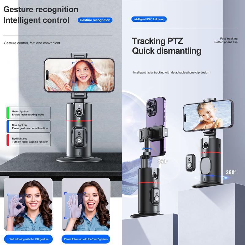 Auto Face Tracking Tripod, No App, Smart Shooting Phone Holder with Remote, 360° Rotation Body Phone Camera Mount Extendable Body Smart Tracking Tripod for Vlog TIK Tok, Rechargeable Battery (Black)