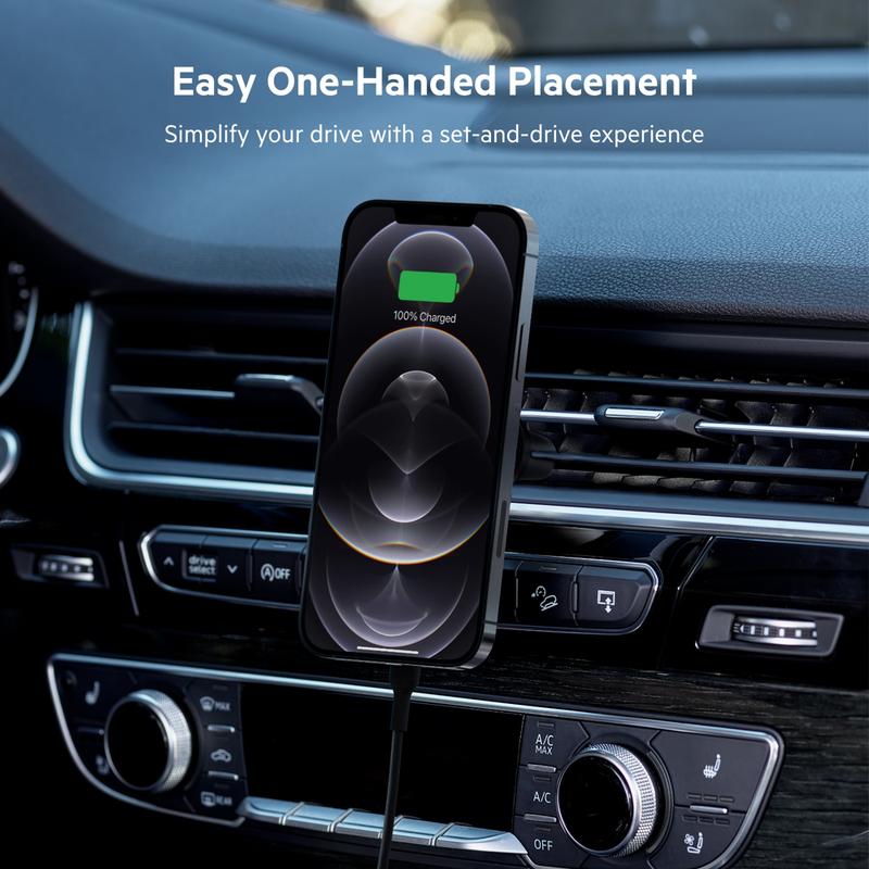 Belkin BoostCharge Magnetic Wireless Car Charger Mount with Vent Holder, comes with or without Power Supply, Magnetic Charging On-The-Go, MagSafe technology for iPhone 15, 14, 13, 12 10W Fast Charging, Portrait or Landscape, One-Handed Placement