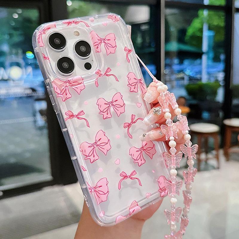 Bowknot Pattern Phone Case with Beaded Chain, Cute Decorative Phone Protector Cover, Phone Accessories Compatible with iPhone 15 14 13 12 11 XR iPhone 16 Pro Max Case Series