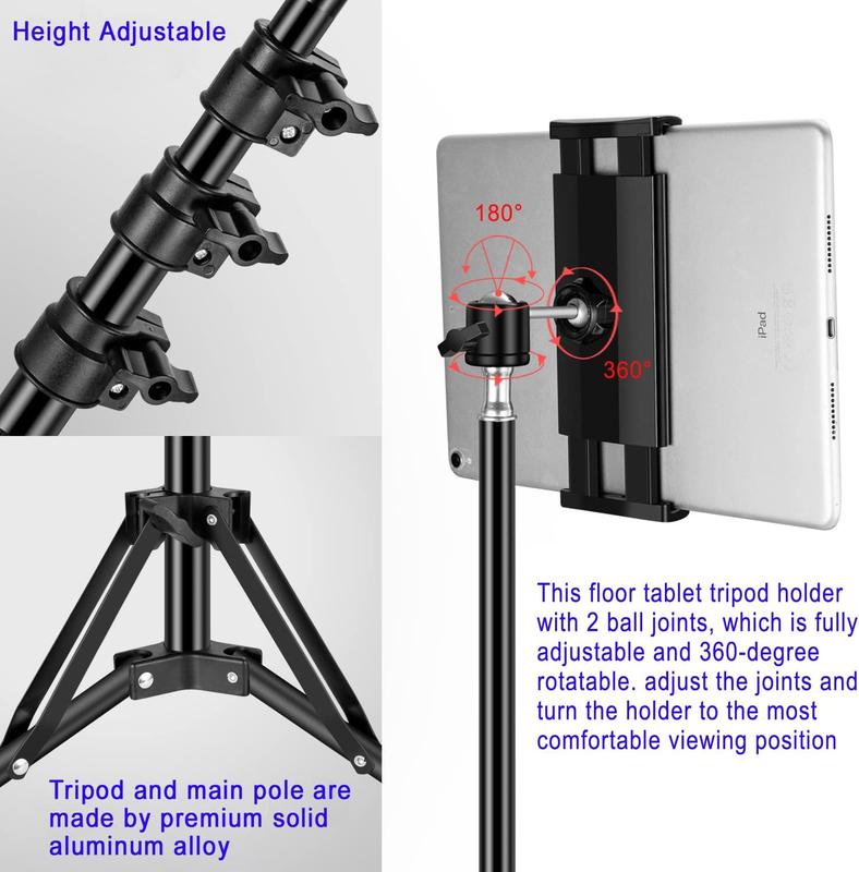 Ipad Tripod Stand, with 65 inch Height Adjustable iPad Stand Holder & iPad Floor Stand with 360° Rotating iPad Tripod Mount for iPad Pro, iPhone, Kindle, and All 4.7-12.9 Inch Tablets