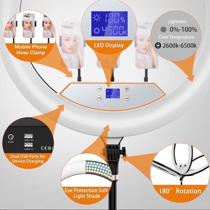 More Beautiful & Clear】Light and shadow are essential for excellent photo and video shooting.Using larger ring light makes your eyes more charming, like the can be used in YouTube、Facebook Live、online-meeting、TikTok、video-making and Vlog. 【Adjustable Brig