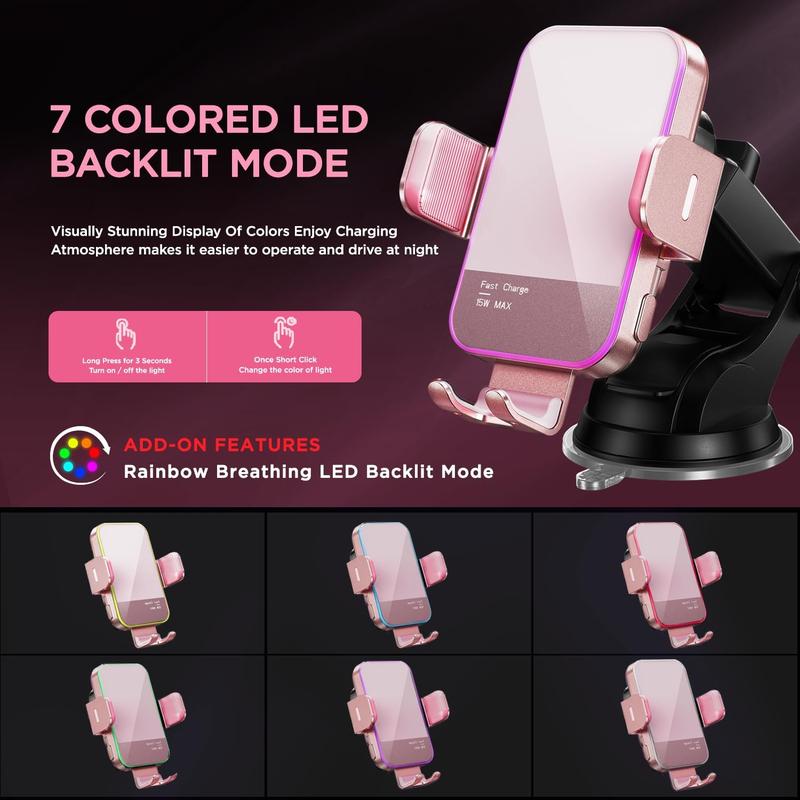 Wireless Car Charger, 15W Auto Clamping Car Charger Phone Mount Holder fit for iPhone 14 13 12 Mini Pro Max 11 XR XS,  Galaxy S23 Ultra S22 S21+ S10+ Note 20, etc - Pink