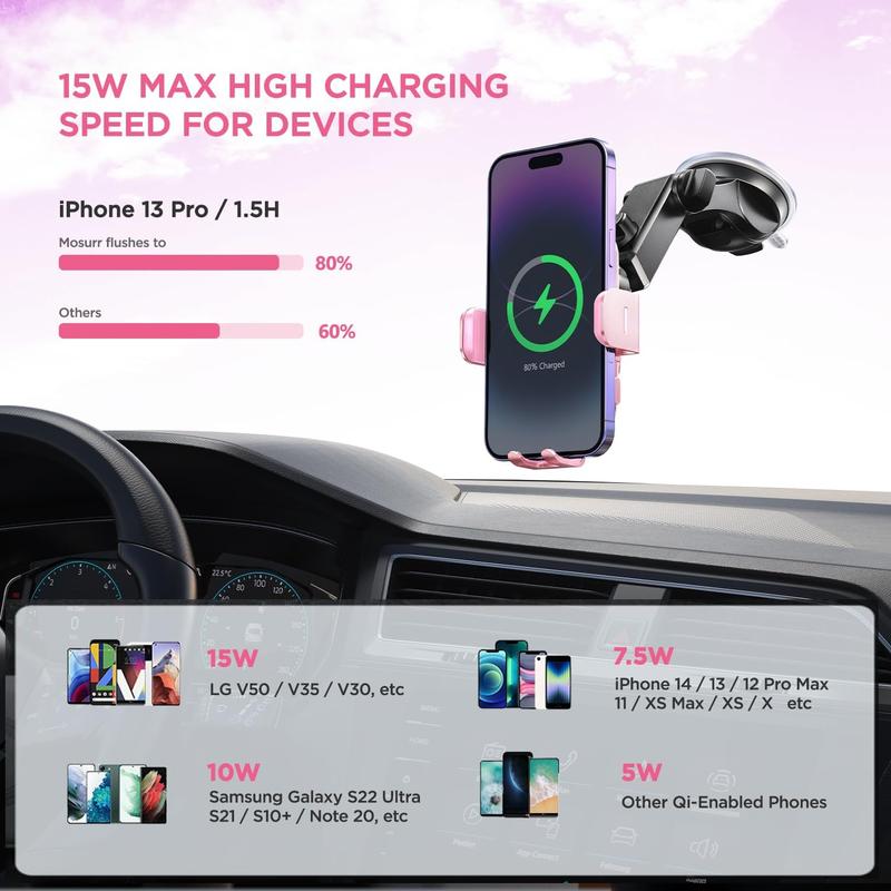 Wireless Car Charger, 15W Auto Clamping Car Charger Phone Mount Holder fit for iPhone 14 13 12 Mini Pro Max 11 XR XS,  Galaxy S23 Ultra S22 S21+ S10+ Note 20, etc - Pink