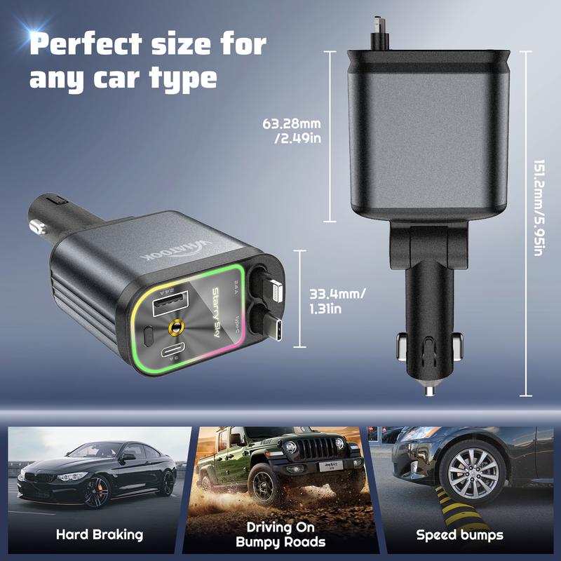 WHATOOK 4 in 1 Retractable Car Charger with Star Light, Super Fast USB Type C Charger for Samsung Galaxy, iPad