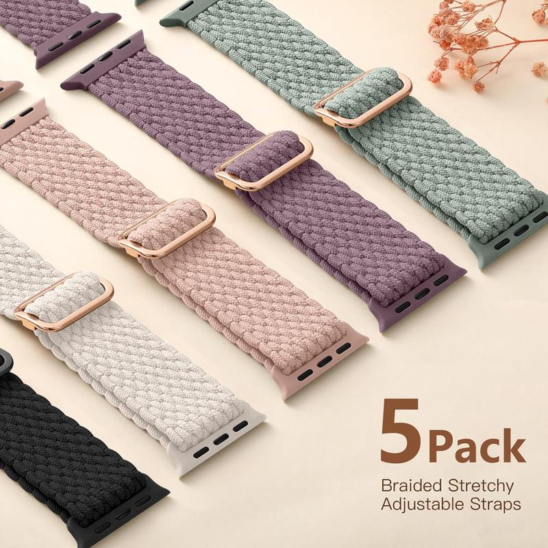 5 pack Braided Stretchy Solo Loop Compatible with Apple Watch Bands 40mm 38mm 41mm 44mm 45mm 49mm 42mm for Women Men, Elastic Nylon Adjustable Sport Straps for iWatch Series 10 9 8 7 6 5 4 3 SE Ultra