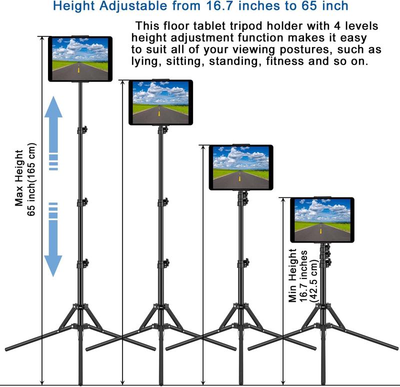 Ipad Tripod Stand, with 65 inch Height Adjustable iPad Stand Holder & iPad Floor Stand with 360° Rotating iPad Tripod Mount for iPad Pro, iPhone, Kindle, and All 4.7-12.9 Inch Tablets