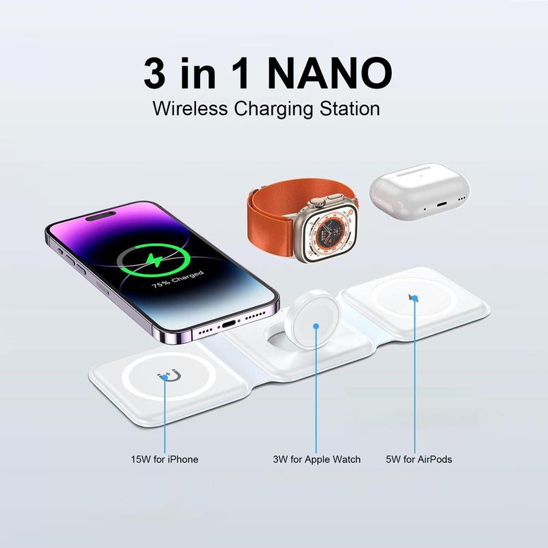 Magnetic Foldable 3 in 1 Mag-Safe Wireless Charger, Fast Travel Folding Electronic Charging Station for Smartphone iWatch AirPods Mobile