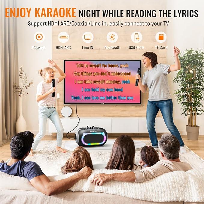 SUDOTACK Karaoke Machine for Adults Kids with 2 Wireless Microphones, Bluetooth PA Speaker System with Echo Bass Treble Adjustment for Home Party, Outdoor, Church, Picnic, Birthday Gifts（Pink White Space Black）