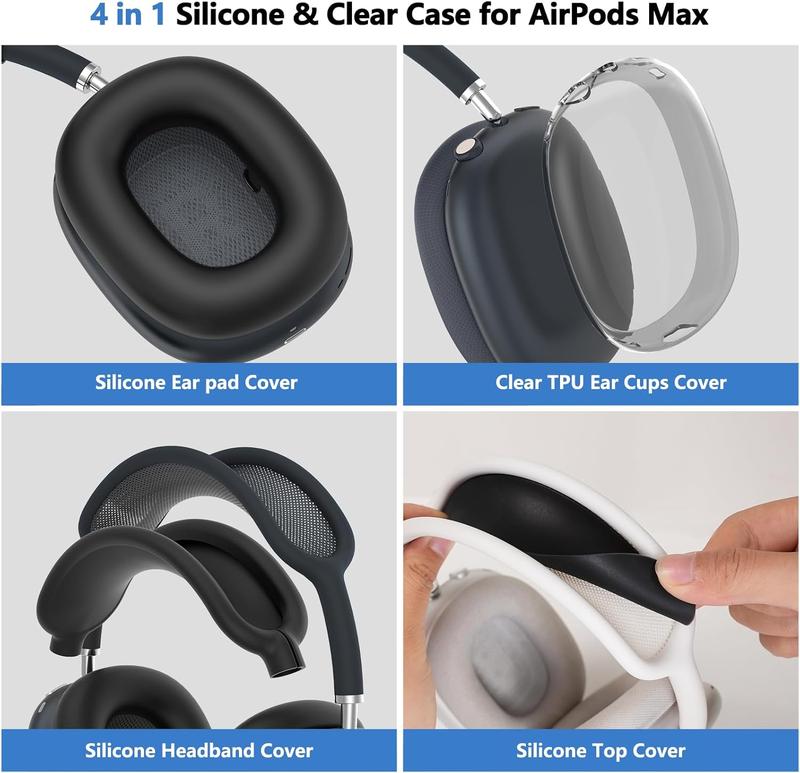 [4 in 1]  Case Cover for AirPods Max (2024 2020), Clear TPU Ear Pad Cover Ear Cups Cover Headband Cover for AirPods Max, Transparent  Accessories for  AirPods Max  USB-C, Black