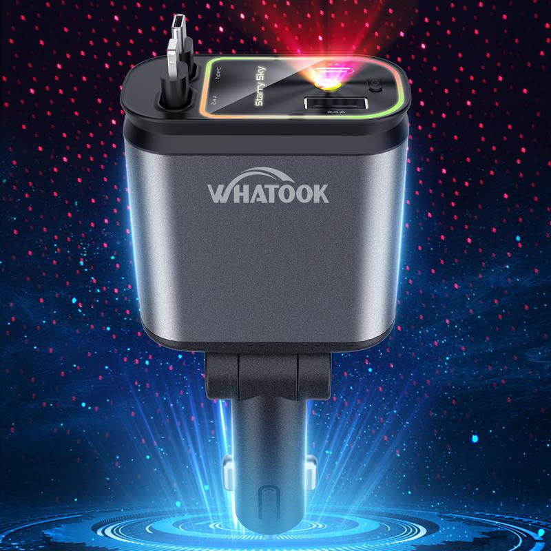 WHATOOK 4 in 1 Retractable Car Charger with Star Light, Super Fast USB Type C Charger for Samsung Galaxy, iPad