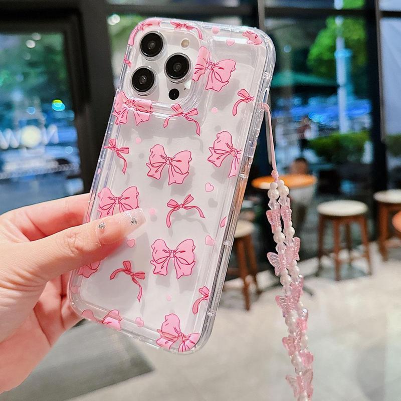 Bowknot Pattern Phone Case with Beaded Chain, Cute Decorative Phone Protector Cover, Phone Accessories Compatible with iPhone 15 14 13 12 11 XR iPhone 16 Pro Max Case Series