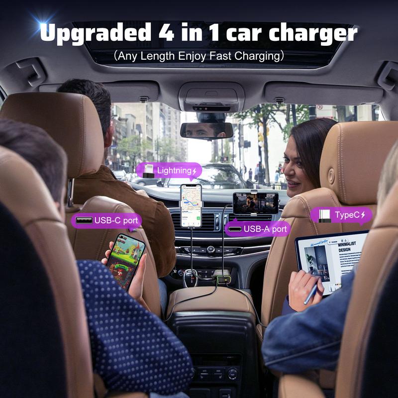 WHATOOK 4 in 1 Retractable Car Charger with Star Light, Super Fast USB Type C Charger for Samsung Galaxy, iPad