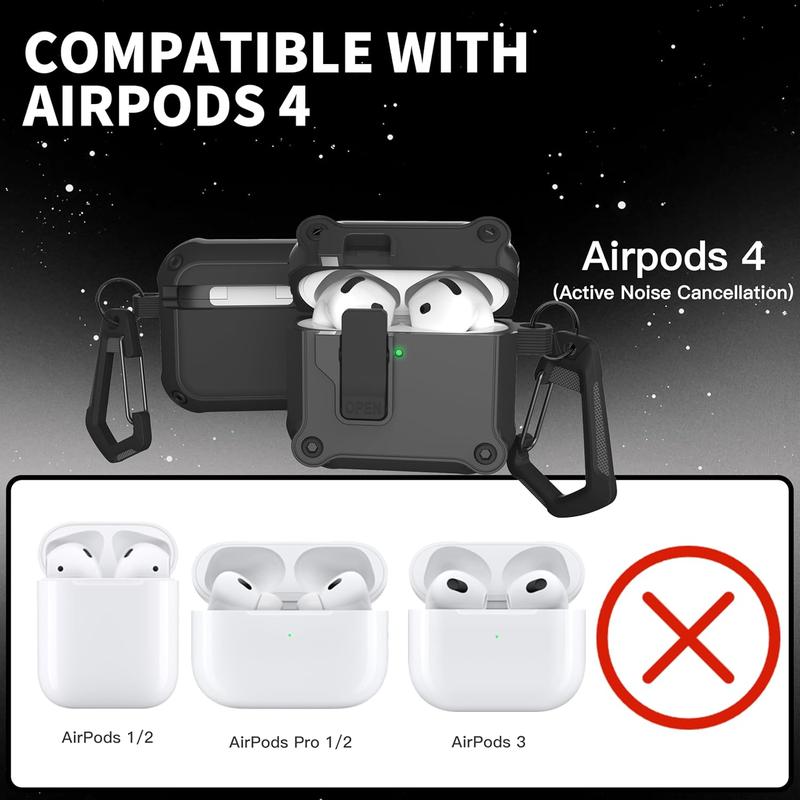 Shock-Proof Hard Case Cover for AirPods 4th Generation with Keychain - Protective Lock Case (Black)