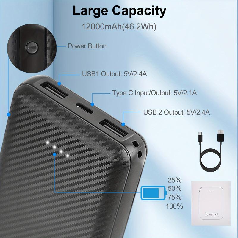 [Black Friday Deal] 12000mAh USB Power Bank - 5V 2.4A, Rechargeable Lithium Polymer Battery Pack With 3 Output Ports, Suitable For Heated Vests, Jackets, Pants And Seat Cushions - For IPhone, For Samsung Galaxy And More Charging Plastic Charging Plastic