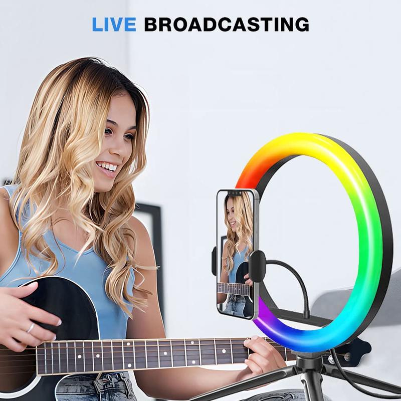 10 Inch Ring Fill Light With Tripod Stand, Multiple Mode Selfie RGB Ring Light, Adjustable Display Professional Selfie Light Kit For Makeup Live Streaming