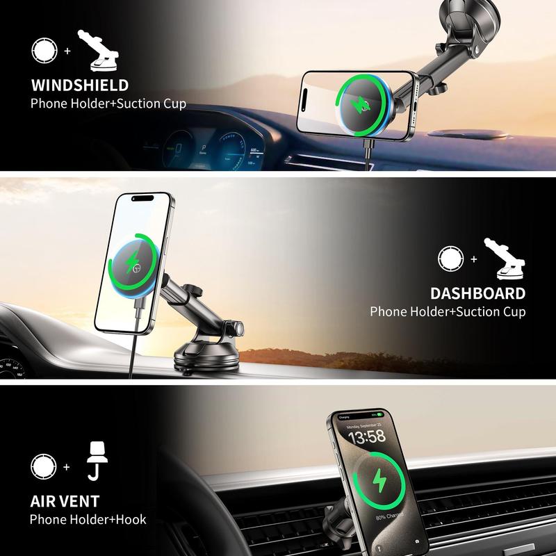 Magnetic Car Phone Holder, 360° Rotatable Car Phone Holder with LED Light, Wireless Car Charger Phone Holder for iPhone 15 14 13 12 Series, Gifts for Boyfriend