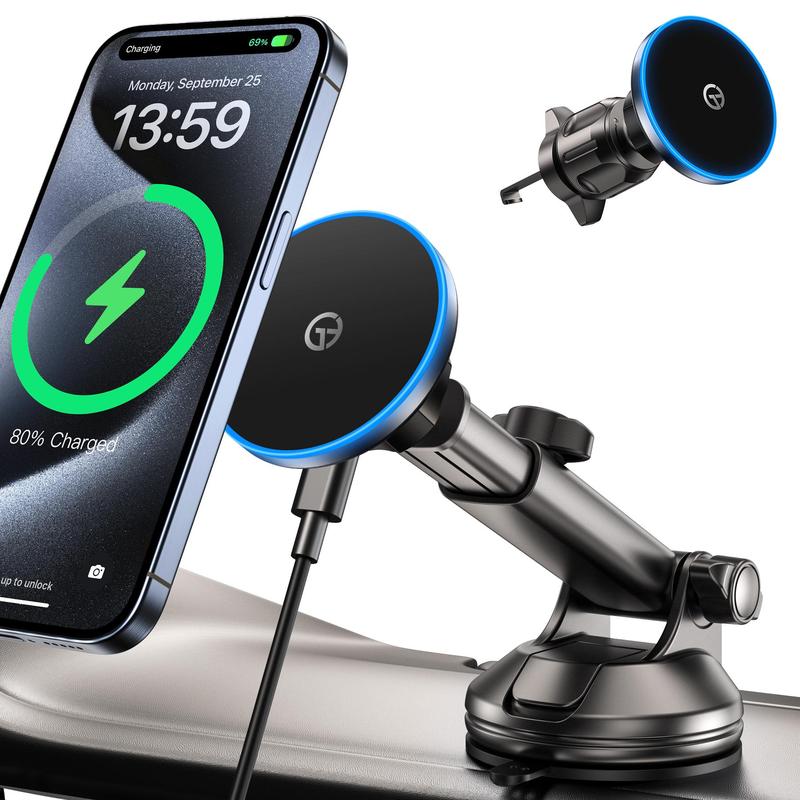 Magnetic Car Phone Holder, 360° Rotatable Car Phone Holder with LED Light, Wireless Car Charger Phone Holder for iPhone 15 14 13 12 Series, Gifts for Boyfriend