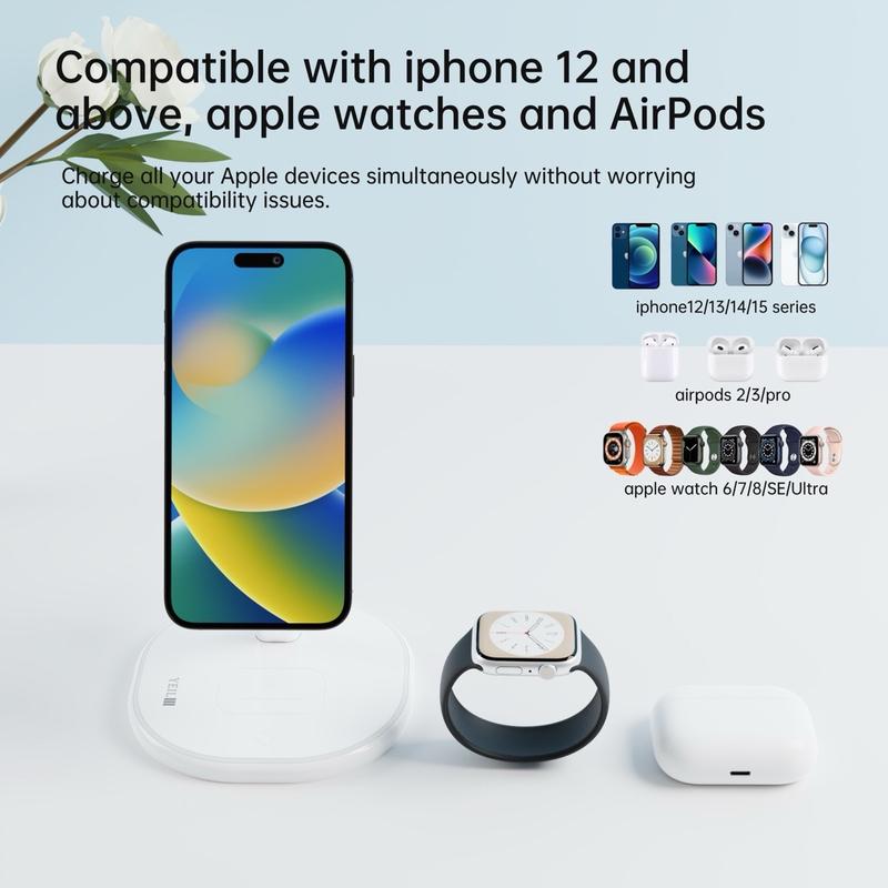 YEIL “ProCharge” 3-in-1 Wireless Charger MagSafe Compatible Wireless Charger Stand for iPhone 12, 13, 14, 15, iWatch and AirPods.