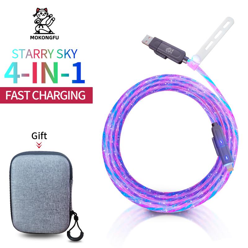 Mokongfu 120W 4 in 1 Charger Cable,LED Lightning and Colorful Fast Charging Cable,Date Cable with USB A and Type C,for iPhone 15 16,iPad and Samsung