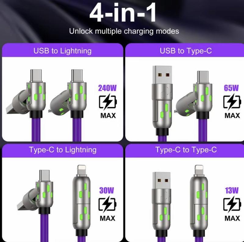 2PCS 240w 4-in-1 USB C Cable Multi Charger Cable with Breathing Light, PD 5A Multi Fast Charging & Data Sync Silicone Compatible for iPhone Samsung Laptop Multi Device Charging, (Purple)