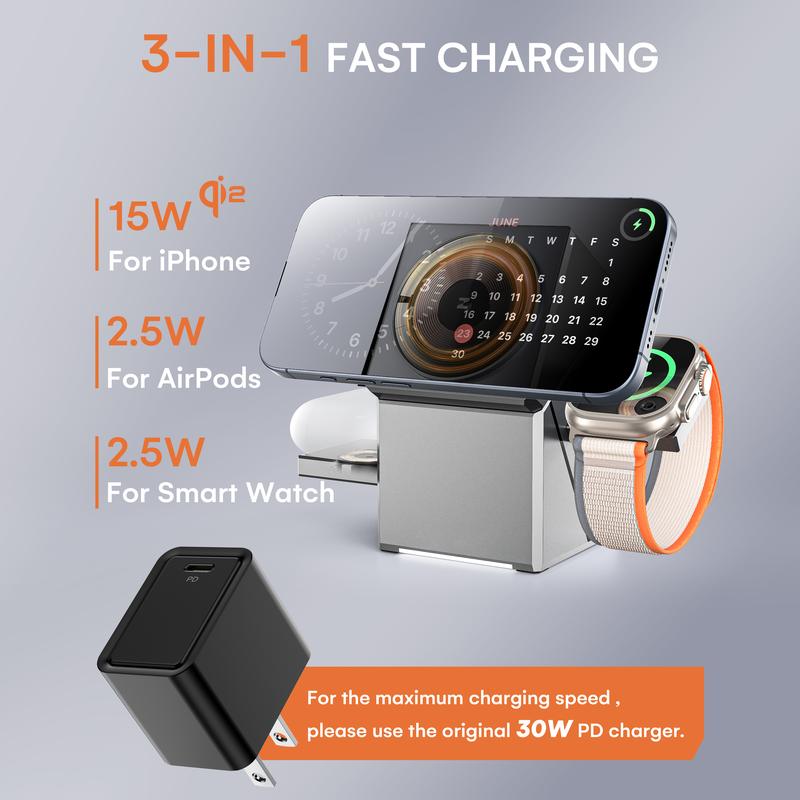 3in1 Magnetic Wireless Charging Station with 30W Charger: All-in-One Charger for iPhone 16 Pro 15 14 13 Max Plus, Samsung S24 S24 S22 S21,Android，Pixel, Apple Watch and Smartwatches, AirPods and Earbuds, 15W Qi2 Fast Charging... Space-saving design