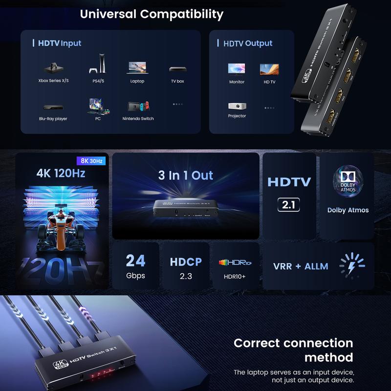 3 Ports 8K HDMI 2.1 Switch 3 in 1 Out 4K@120Hz 8K@30Hz HDMI Switcher Splitter with Remote, Support VRR ALLM Auto-Switching HDR 10 Dolby Vision Avmos, for PS5 4, Xbox, PC, Apple TV HDMI to USB 3.0 Video Capture Card