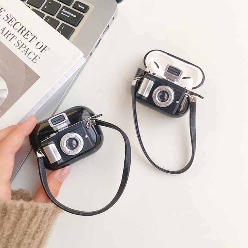 Retro Camera Design Earphone Case With Lanyard for Music Festival, 1 Count Shockproof Vintage Camera Decorative Earphone Protective Cover Compatible With AirPods 1 2 3 Pro Pro2