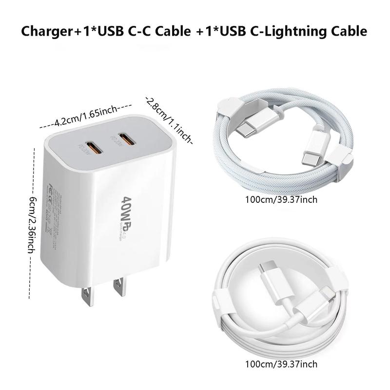 20W Dual PD Port Fast Charging Charger, Type C Fast Charging Block, Double USB C Wall Charger Adapter with 1 USB C to USB C Cable & 1 USB C for Lightning Cord